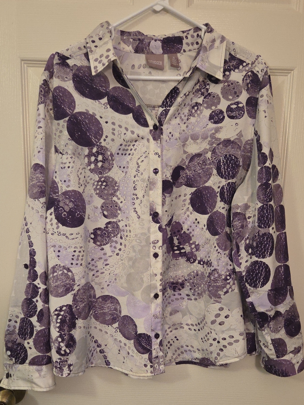 Chico's Purple and White Abstract Dot Button-Down Shirt Blouse Size 3